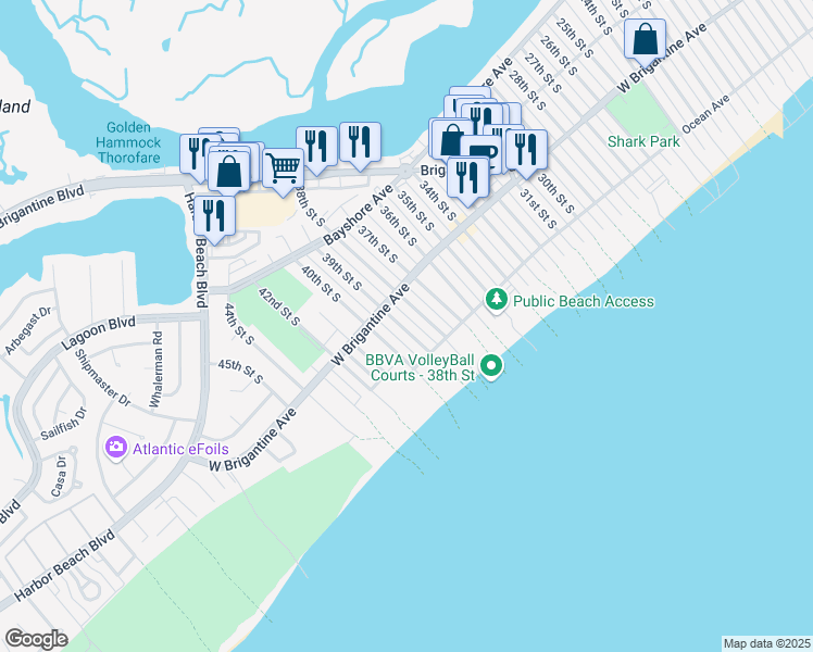 map of restaurants, bars, coffee shops, grocery stores, and more near 327 39th Street South in Brigantine