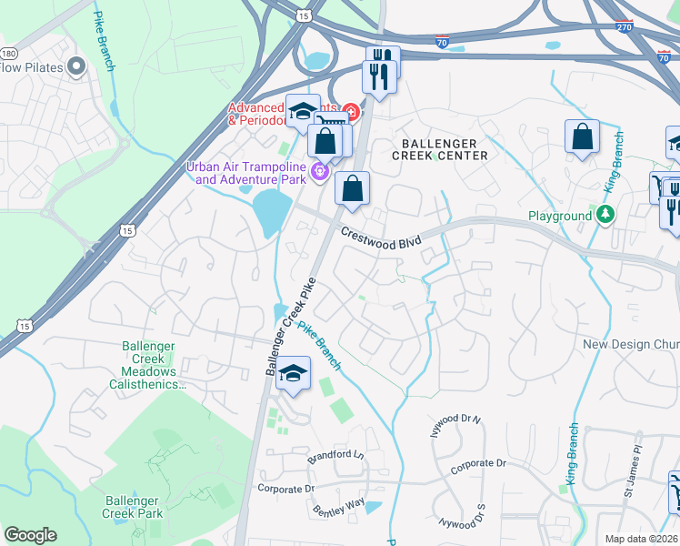 map of restaurants, bars, coffee shops, grocery stores, and more near 6575 Whetstone Drive in Frederick