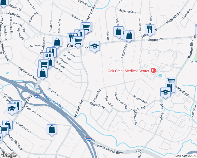 map of restaurants, bars, coffee shops, grocery stores, and more near 9401 Thornewood Court in Parkville