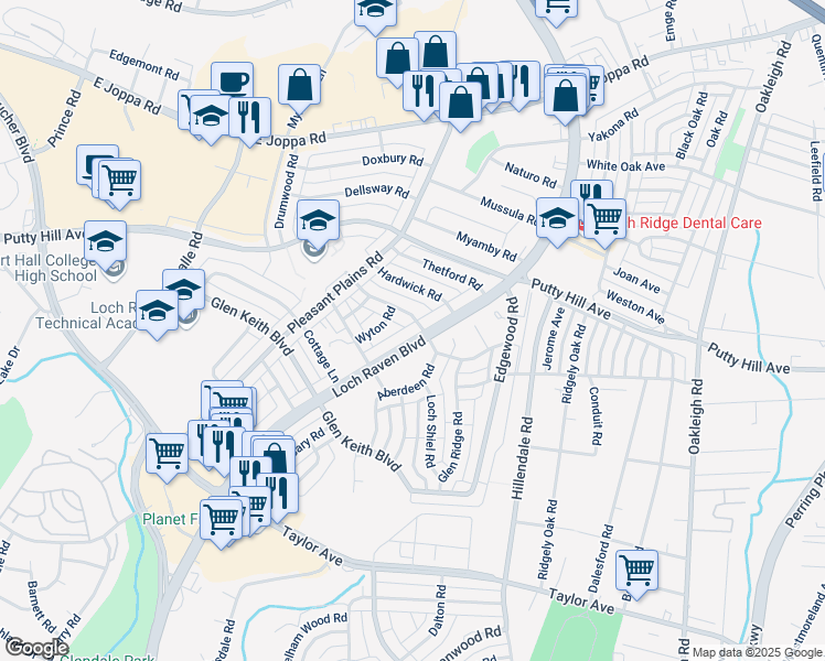 map of restaurants, bars, coffee shops, grocery stores, and more near 8352 Loch Raven Boulevard in Towson