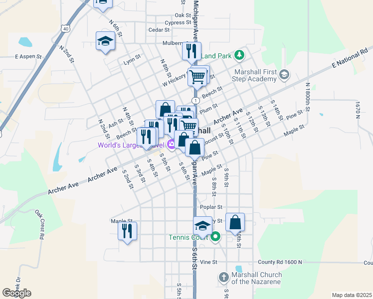 map of restaurants, bars, coffee shops, grocery stores, and more near 618 Locust Street in Marshall