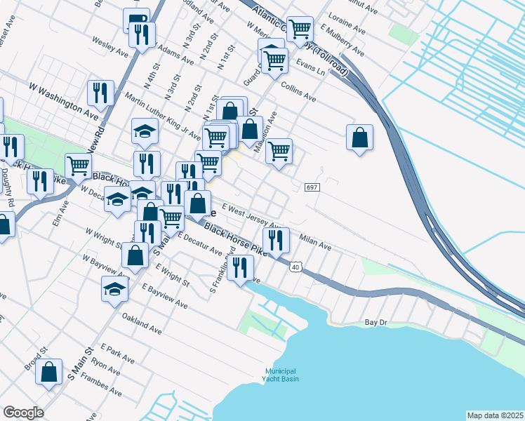 map of restaurants, bars, coffee shops, grocery stores, and more near 7 Rally Road in Egg Harbor Township