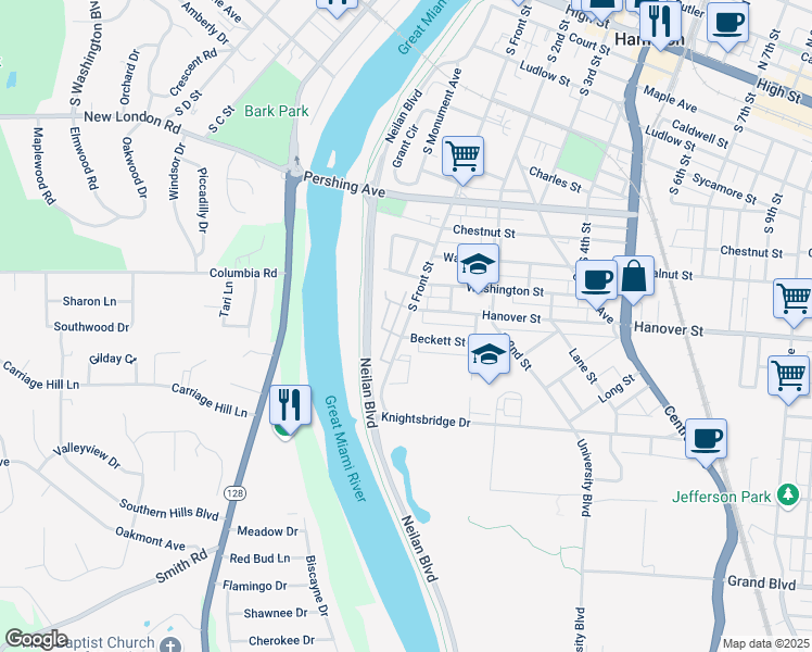 map of restaurants, bars, coffee shops, grocery stores, and more near 1037 South Front Street in Hamilton