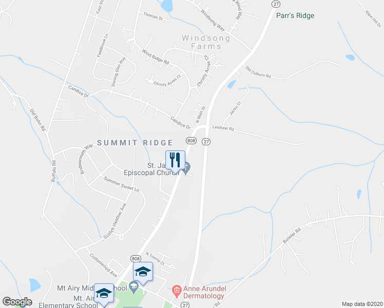 map of restaurants, bars, coffee shops, grocery stores, and more near 1405 North Main Street in Mount Airy