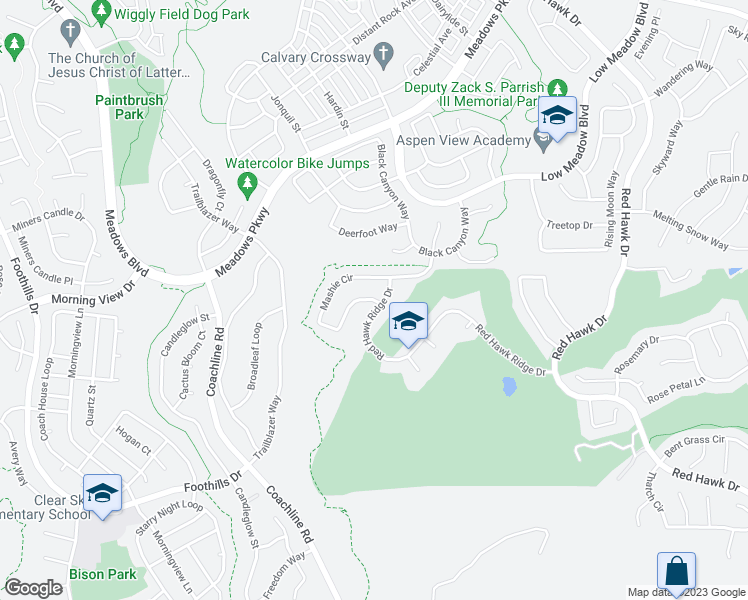 map of restaurants, bars, coffee shops, grocery stores, and more near Mashie Circle in Castle Rock