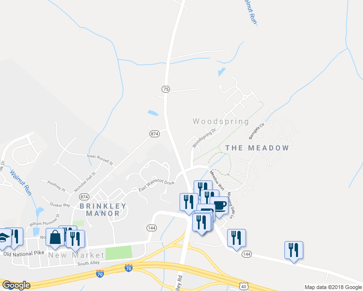 map of restaurants, bars, coffee shops, grocery stores, and more near 5783 Windwood Way in New Market