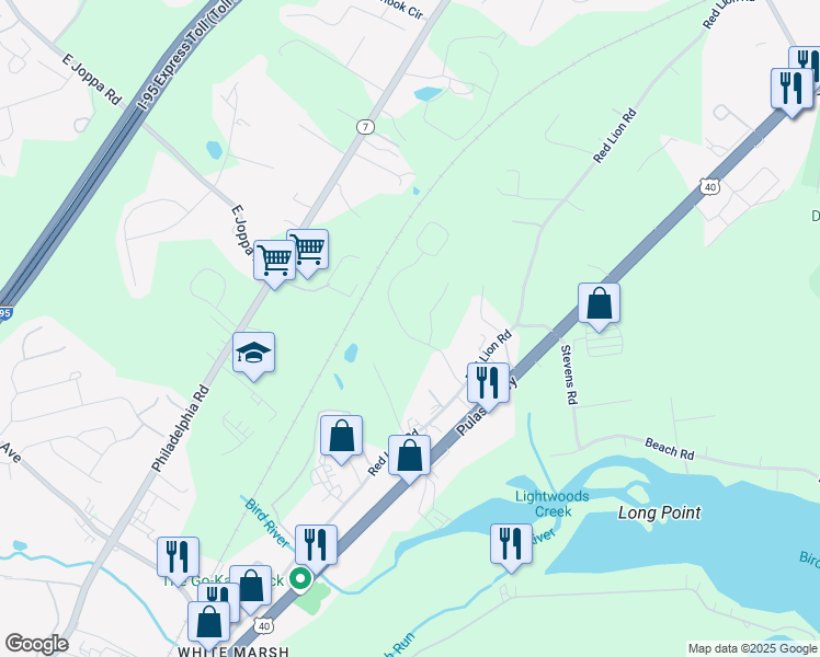 map of restaurants, bars, coffee shops, grocery stores, and more near 5651 Country Farm Road in White Marsh