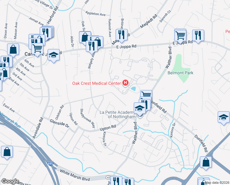 map of restaurants, bars, coffee shops, grocery stores, and more near 9436 Orbitan Court in Parkville