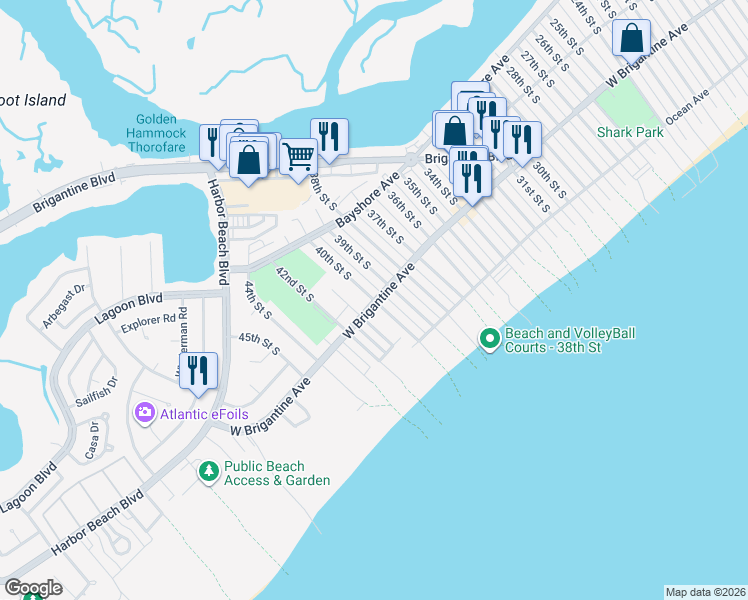 map of restaurants, bars, coffee shops, grocery stores, and more near 298 40th Street South in Brigantine