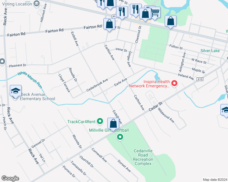 map of restaurants, bars, coffee shops, grocery stores, and more near 1109 Earle Avenue in Millville
