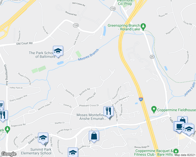 map of restaurants, bars, coffee shops, grocery stores, and more near 2014 Burdock Road in Baltimore