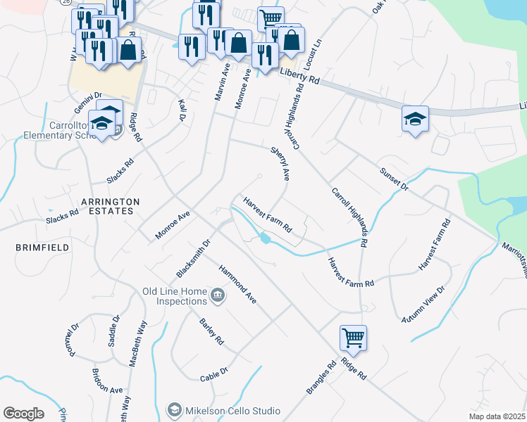 map of restaurants, bars, coffee shops, grocery stores, and more near 2045 Sherryl Avenue in Sykesville