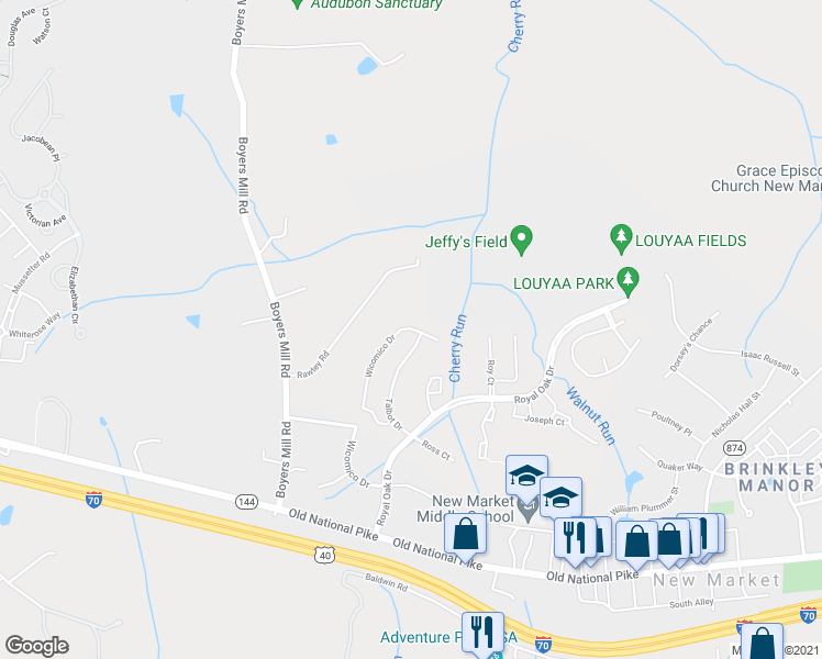 map of restaurants, bars, coffee shops, grocery stores, and more near 5559 Wicomico Drive in New Market