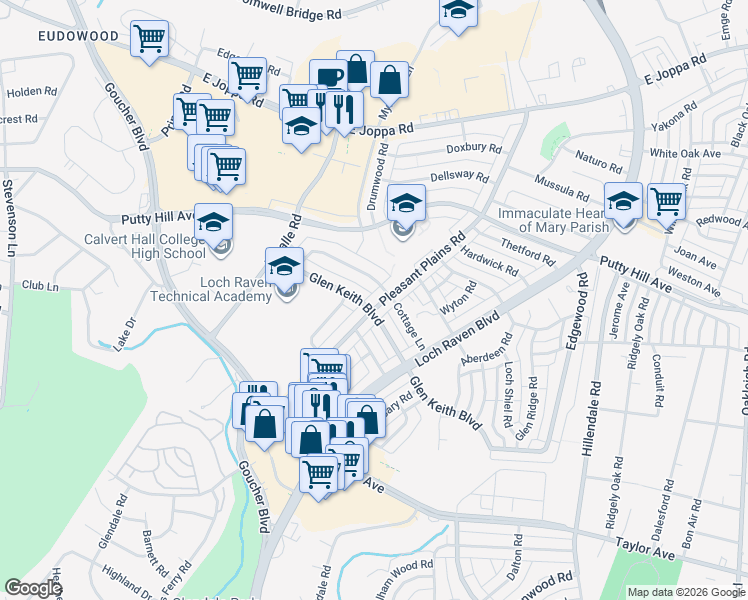 map of restaurants, bars, coffee shops, grocery stores, and more near 8204 Pleasant Plains Road in Towson