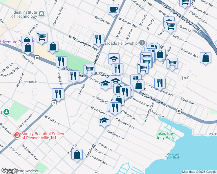 map of restaurants, bars, coffee shops, grocery stores, and more near 115 West Decatur Avenue in Pleasantville