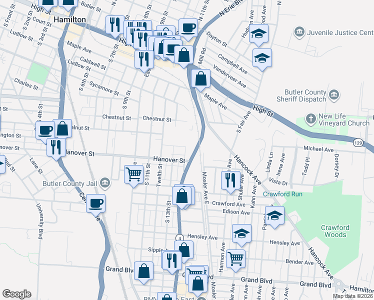 map of restaurants, bars, coffee shops, grocery stores, and more near 629 Fourteenth Street in Hamilton