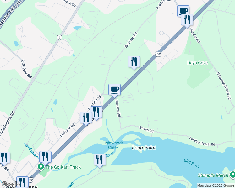 map of restaurants, bars, coffee shops, grocery stores, and more near 11235 Pulaski Highway in White Marsh