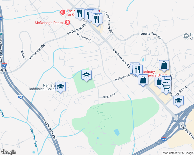 map of restaurants, bars, coffee shops, grocery stores, and more near 336 Lyon Court in Pikesville