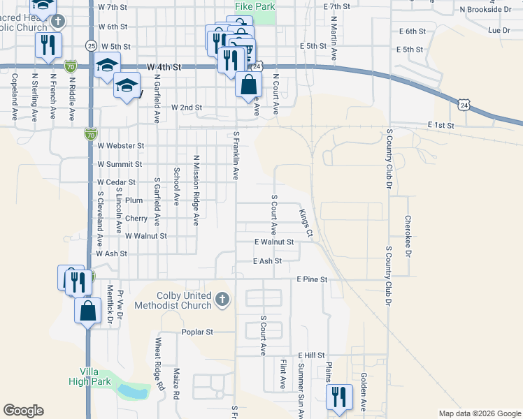 map of restaurants, bars, coffee shops, grocery stores, and more near 101-299 East Cherry Street in Colby