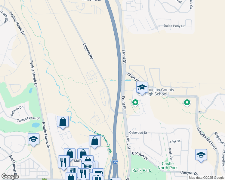 map of restaurants, bars, coffee shops, grocery stores, and more near 1936 Liggett Road in Castle Rock