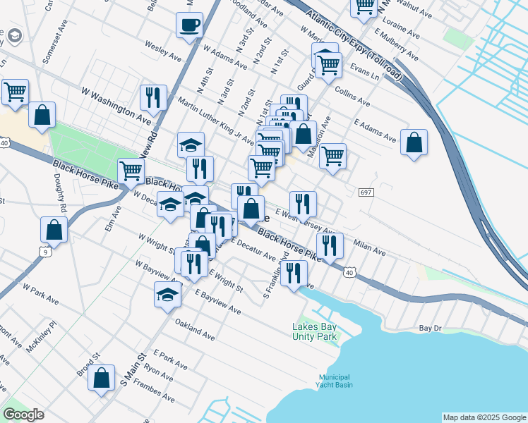 map of restaurants, bars, coffee shops, grocery stores, and more near 10 East Black Horse Pike in Pleasantville
