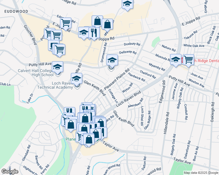map of restaurants, bars, coffee shops, grocery stores, and more near 8217 Pleasant Plains Road in Towson