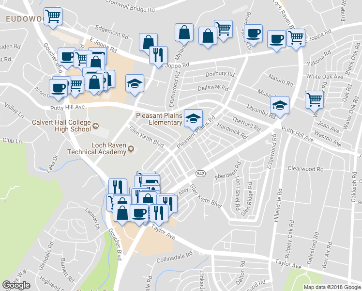 map of restaurants, bars, coffee shops, grocery stores, and more near 8217 Pleasant Plains Road in Towson