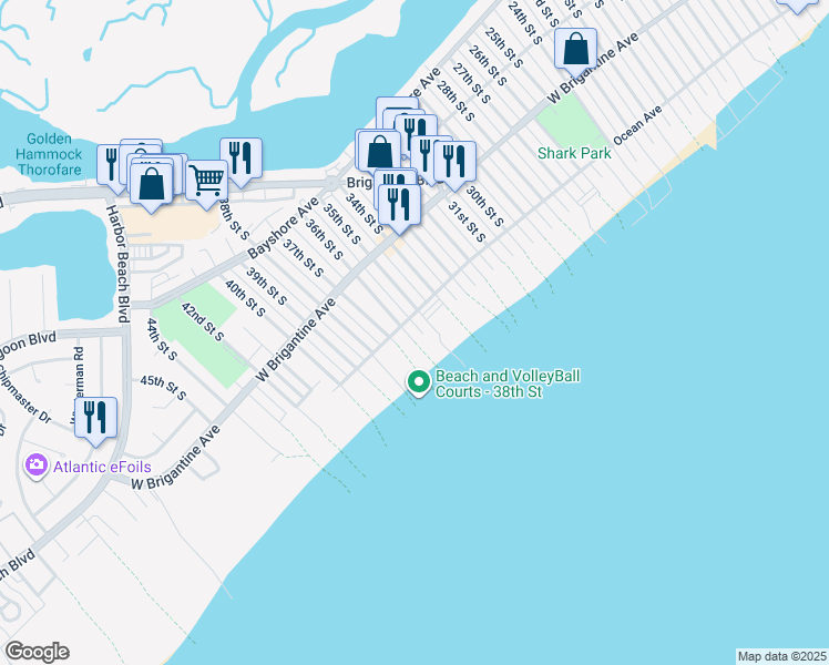 map of restaurants, bars, coffee shops, grocery stores, and more near 407 36th Street South in Brigantine