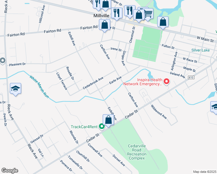 map of restaurants, bars, coffee shops, grocery stores, and more near 1109 Earle Avenue in Millville