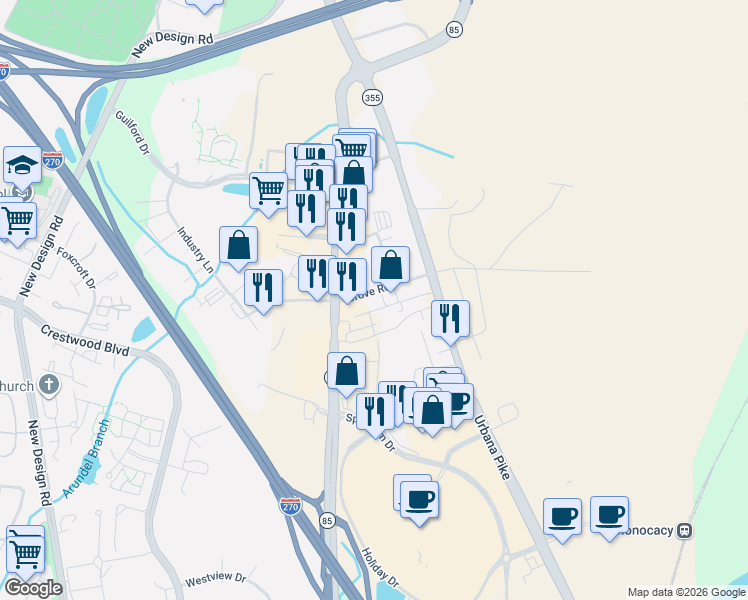 map of restaurants, bars, coffee shops, grocery stores, and more near 7415 Grove Road in Frederick