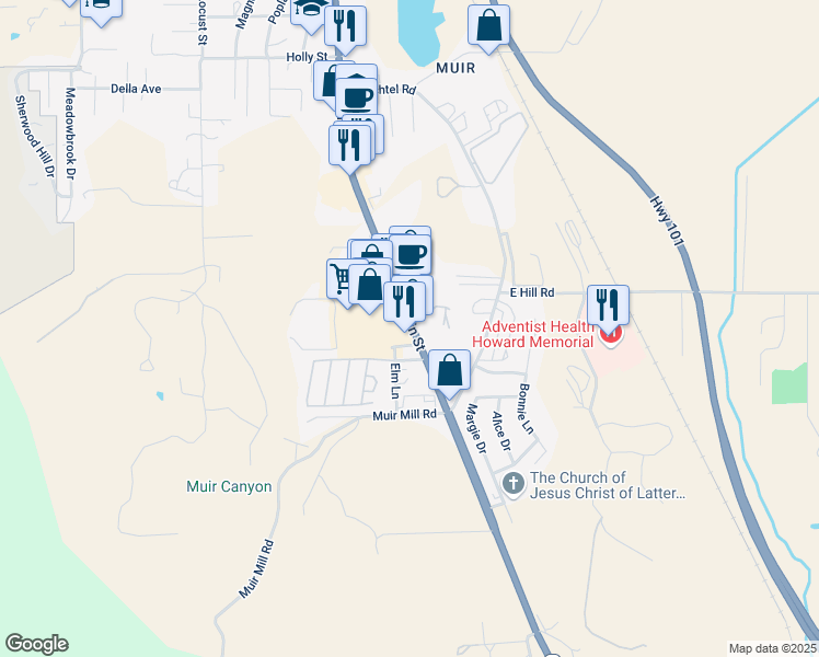 map of restaurants, bars, coffee shops, grocery stores, and more near 1750 South Main Street in Willits