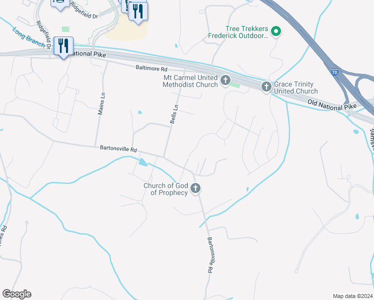 map of restaurants, bars, coffee shops, grocery stores, and more near 5744 Little Spring Way in Frederick