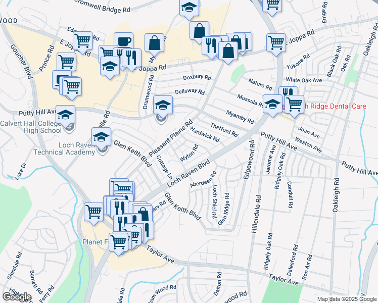 map of restaurants, bars, coffee shops, grocery stores, and more near 8328 Wyton Road in Towson