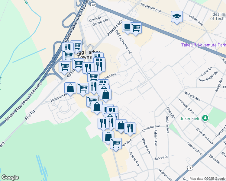map of restaurants, bars, coffee shops, grocery stores, and more near 288 London Court in Egg Harbor Township