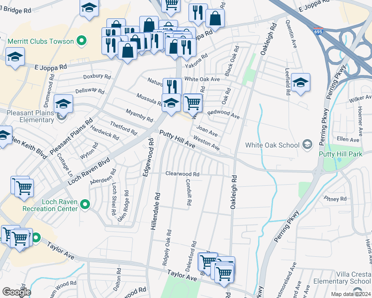 map of restaurants, bars, coffee shops, grocery stores, and more near 8358 Edgedale Road in Parkville
