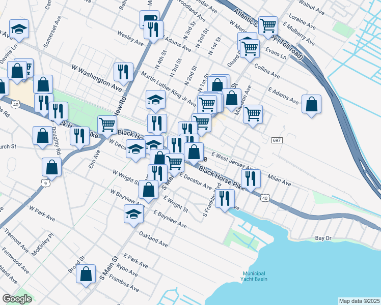 map of restaurants, bars, coffee shops, grocery stores, and more near 10 East Black Horse Pike in Pleasantville