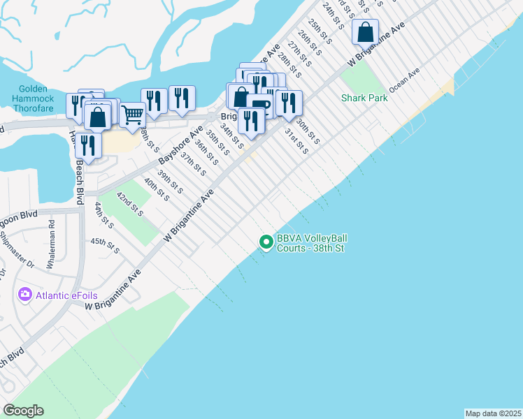 map of restaurants, bars, coffee shops, grocery stores, and more near 407 36th Street South in Brigantine
