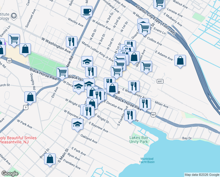 map of restaurants, bars, coffee shops, grocery stores, and more near 10 East Black Horse Pike in Pleasantville