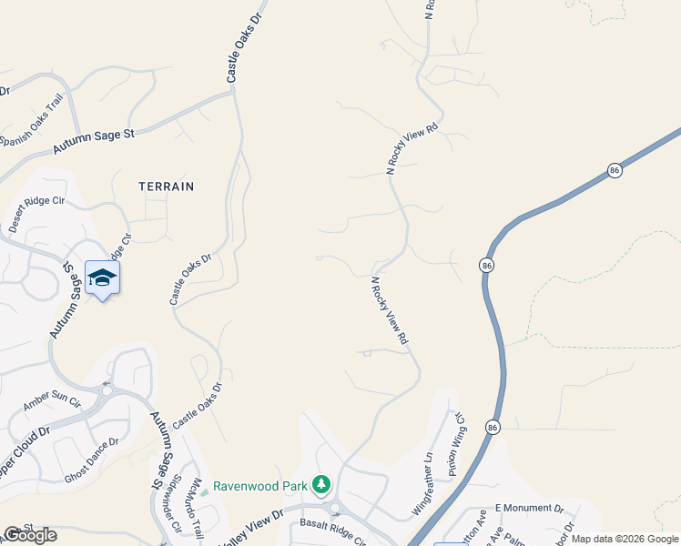 map of restaurants, bars, coffee shops, grocery stores, and more near 1863 North Rocky View Road in Castle Rock