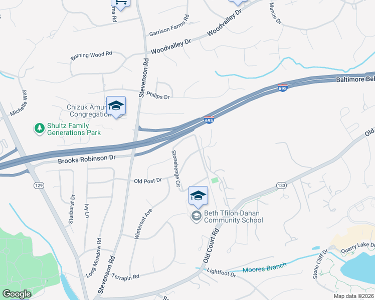 map of restaurants, bars, coffee shops, grocery stores, and more near 3202 Old Post Drive in Pikesville