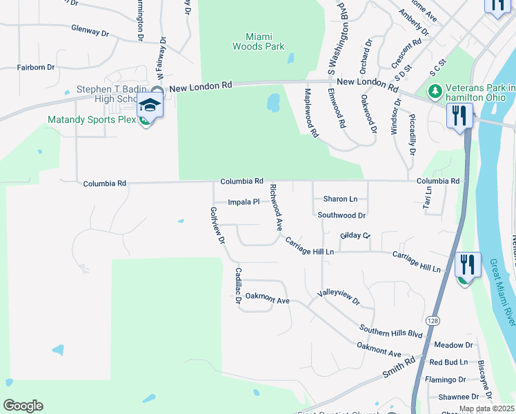 map of restaurants, bars, coffee shops, grocery stores, and more near 723 Impala Place in Hamilton