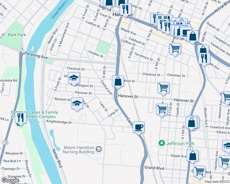 map of restaurants, bars, coffee shops, grocery stores, and more near 820 South Martin Luther King Junior Boulevard in Hamilton
