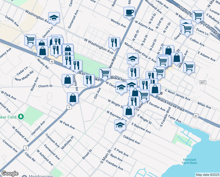 map of restaurants, bars, coffee shops, grocery stores, and more near 401 Sheffield Avenue in Pleasantville