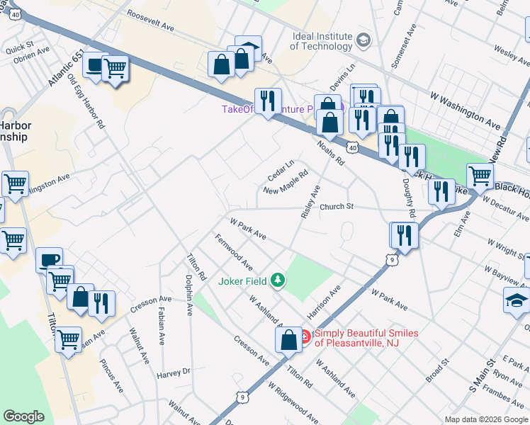 map of restaurants, bars, coffee shops, grocery stores, and more near 950 West Park Avenue in Pleasantville