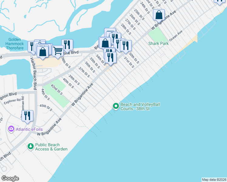 map of restaurants, bars, coffee shops, grocery stores, and more near 3612 Ocean Avenue in Brigantine