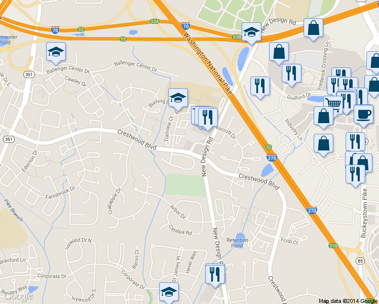 map of restaurants, bars, coffee shops, grocery stores, and more near 6942 Crestwood Boulevard in Frederick