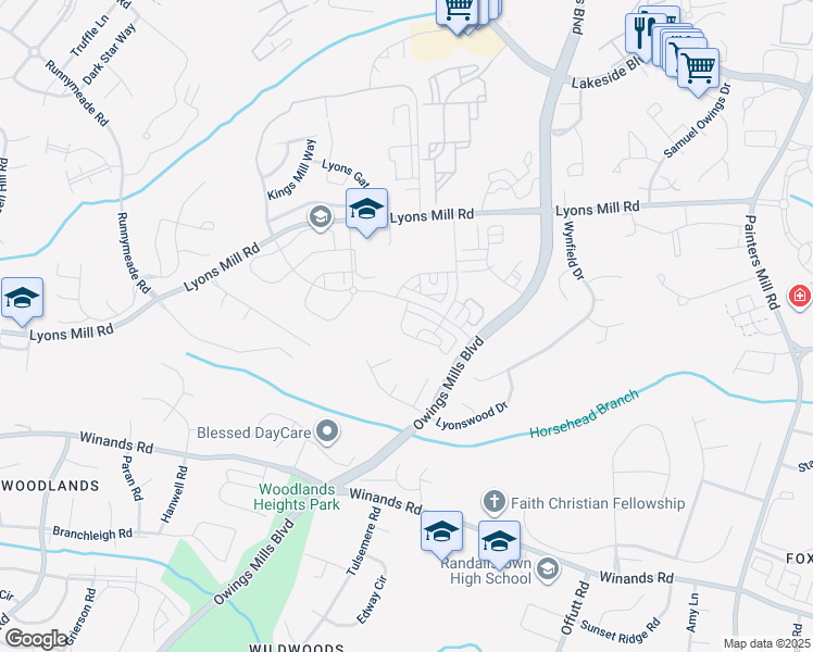 map of restaurants, bars, coffee shops, grocery stores, and more near 9438 Adelaide Lane in Owings Mills