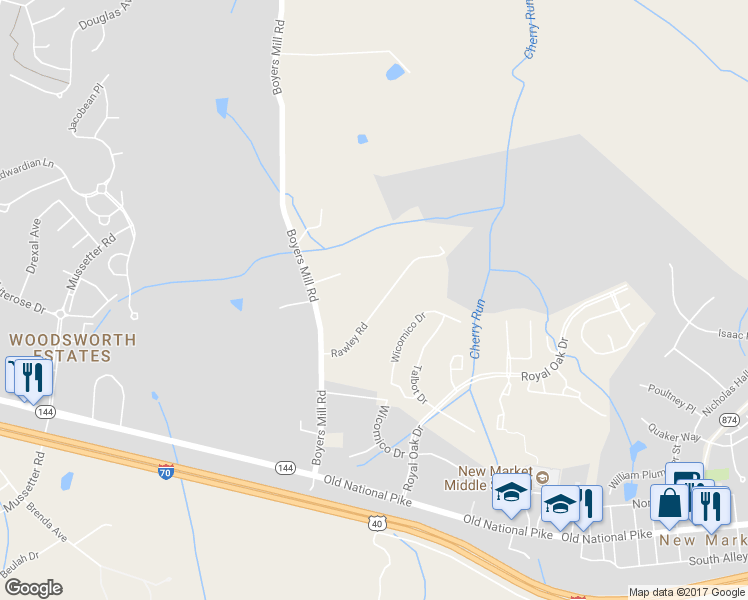 map of restaurants, bars, coffee shops, grocery stores, and more near 10910 Rawley Road in New Market