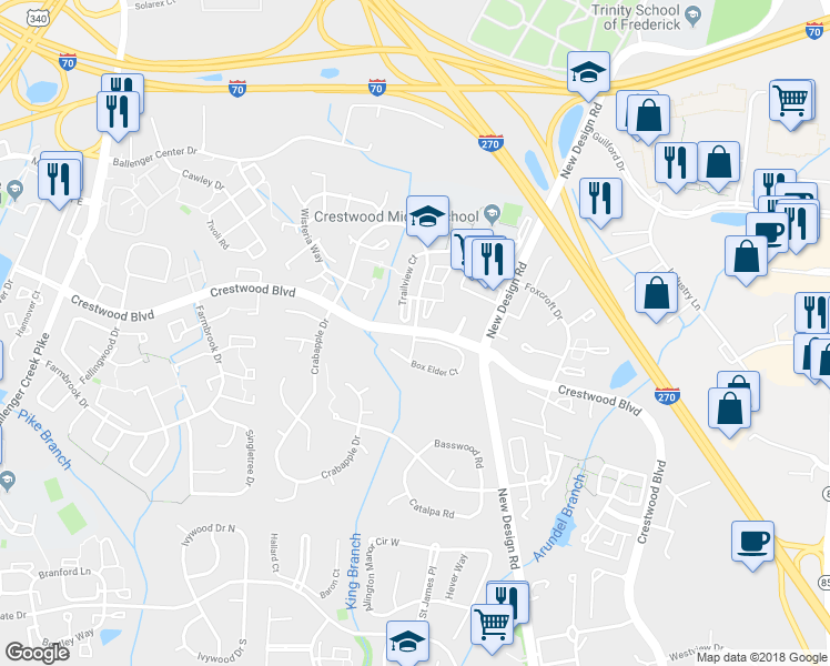map of restaurants, bars, coffee shops, grocery stores, and more near 6901 Crestwood Boulevard in Frederick