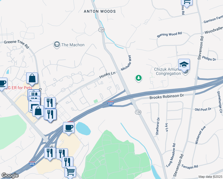map of restaurants, bars, coffee shops, grocery stores, and more near 25 Farmhouse Court in Pikesville